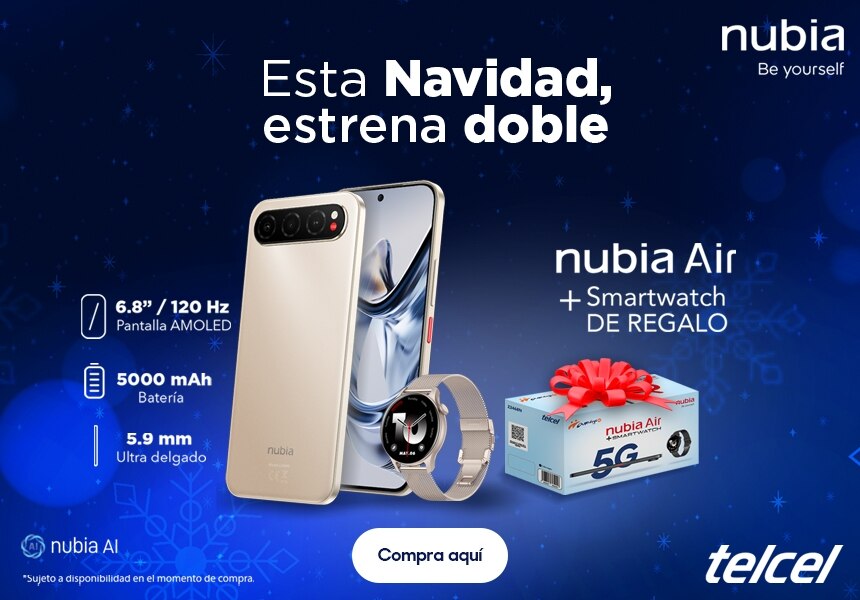 Logo de Nubia. Be yourself. Logo de Telcel. Esta Navidad, estrena doble. Compra un smartphone Nubia Air y llévate un smartwatch de regalo. Sujeto a disponibilidad en el momento de compra. Pulsa aquí para aprovechar.