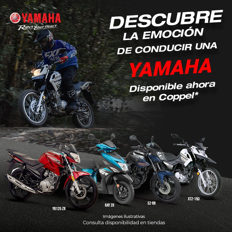 Yamaha motos. Descubre la emoción de conducir una Yamaha. Disponible ahora en Coppel. Composición de fotos de motos Yamaha. Consulta disponiblidad en tienda. Pulsa aquí para ver variedad.