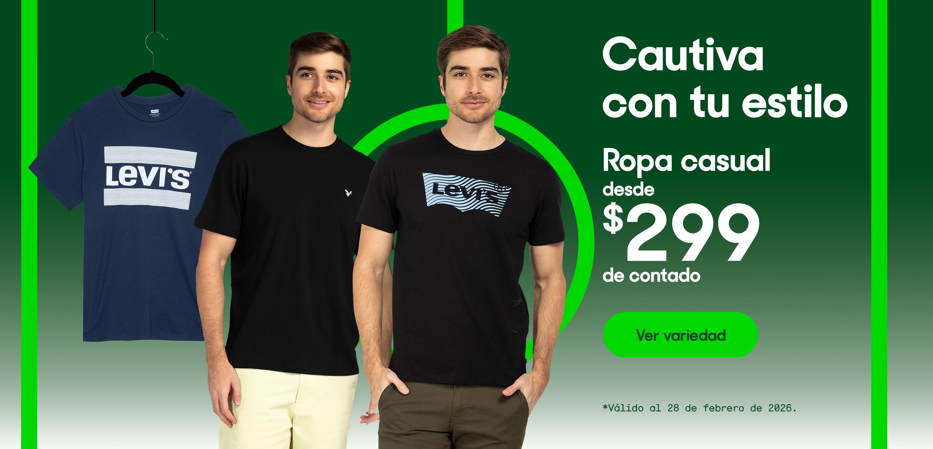 Cautiva con tu estilo. Ropa casual desde 299 pesos de contado. Válido al 28 de febrero de 2026. Pulsa aquí para ver variedad.