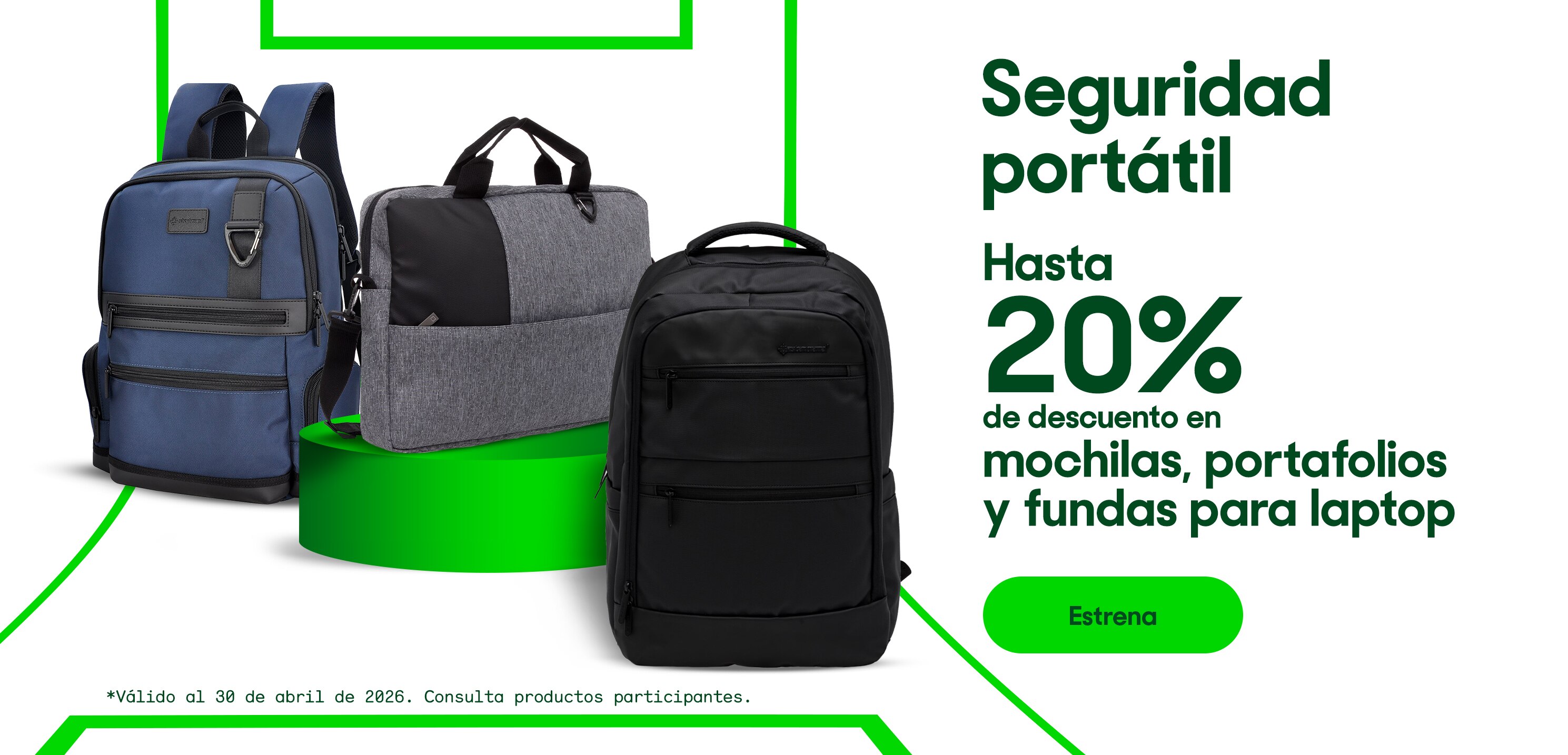 Seguridad portátil. Hasta 20% de descuento en mochilas para laptop. *Válido al 30 de abril de 2026. Pulsa aquí para ver más
