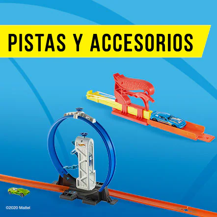 Pistas y accesorios. Composición de pista de juguete para autos en color azul con naranja y accesorio color naranja para impulsar carritos. Pulsa aquí para ver más pistas y accesorios Hot Wheels.