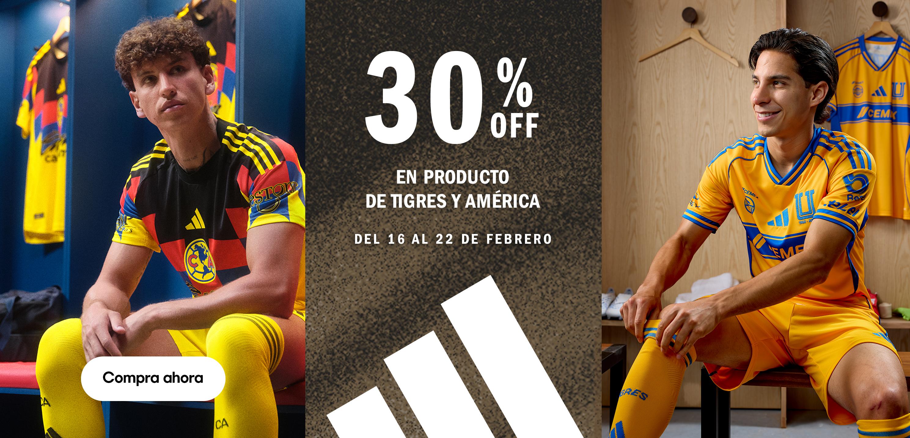 Adidas. Hasta 30 por ciento de descuento en artículos de Tigres y América. Válido del 16 al 22 de febrero. pulsa aquí para aprovechar.