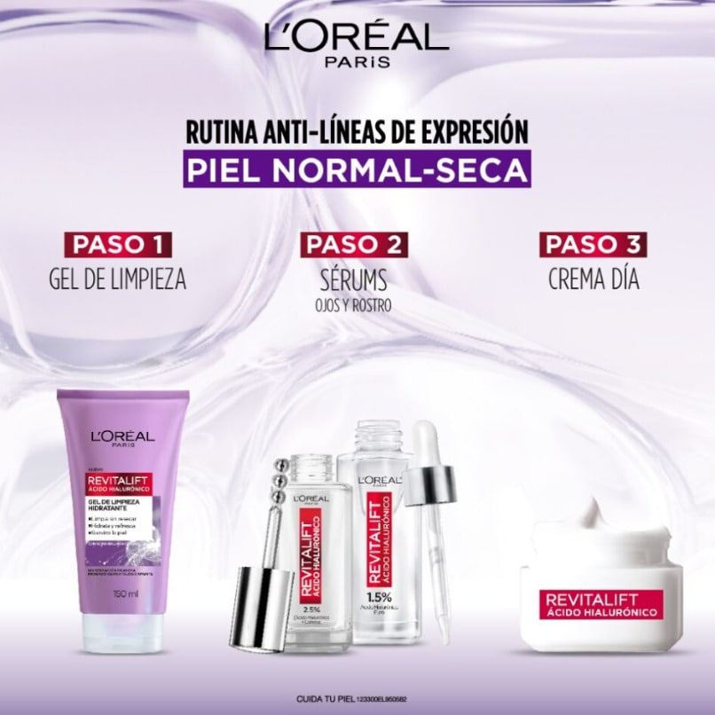 Rutina anti-arrugas para piel normal a seca. Ácido hialurónico. Sérum y crema Revitalift L'Oréal . Pulsa aquí para elegir el tuyo.