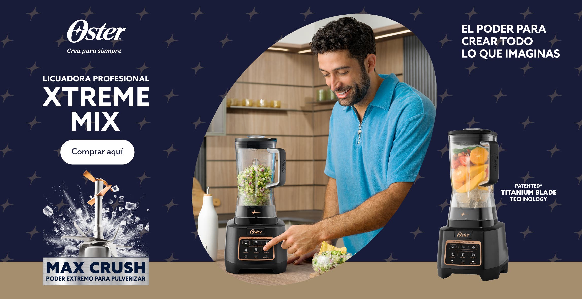 Oster. Crea para siempre. Licuadora profesional Xtreme Mix. Max Crush poder extremo para pulverizar. El poder para crear todo lo que imaginas. Patented Titanium technology. Pulsa aquí para comprar la tuya.