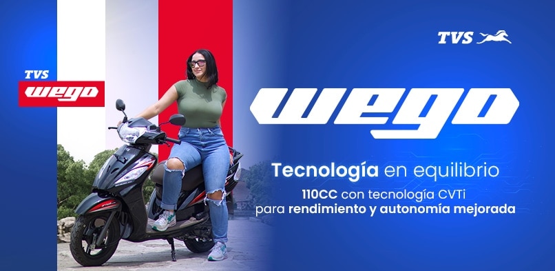 TVS. Moto modelo Wego. Tecnología en equilibrio. Con un peso de 108 kilogramos, 110CC con tecnología CVTI para rendimiento y autonomía mejorada. Pulsa aquí para estrenar la tuya.