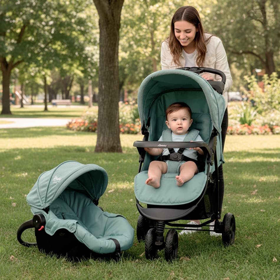 Modelo bebé en carriola color verde y negro. Pulsa aquí para ver carriolas y sistemas de viaje para bebé de la marca D'bebé.
