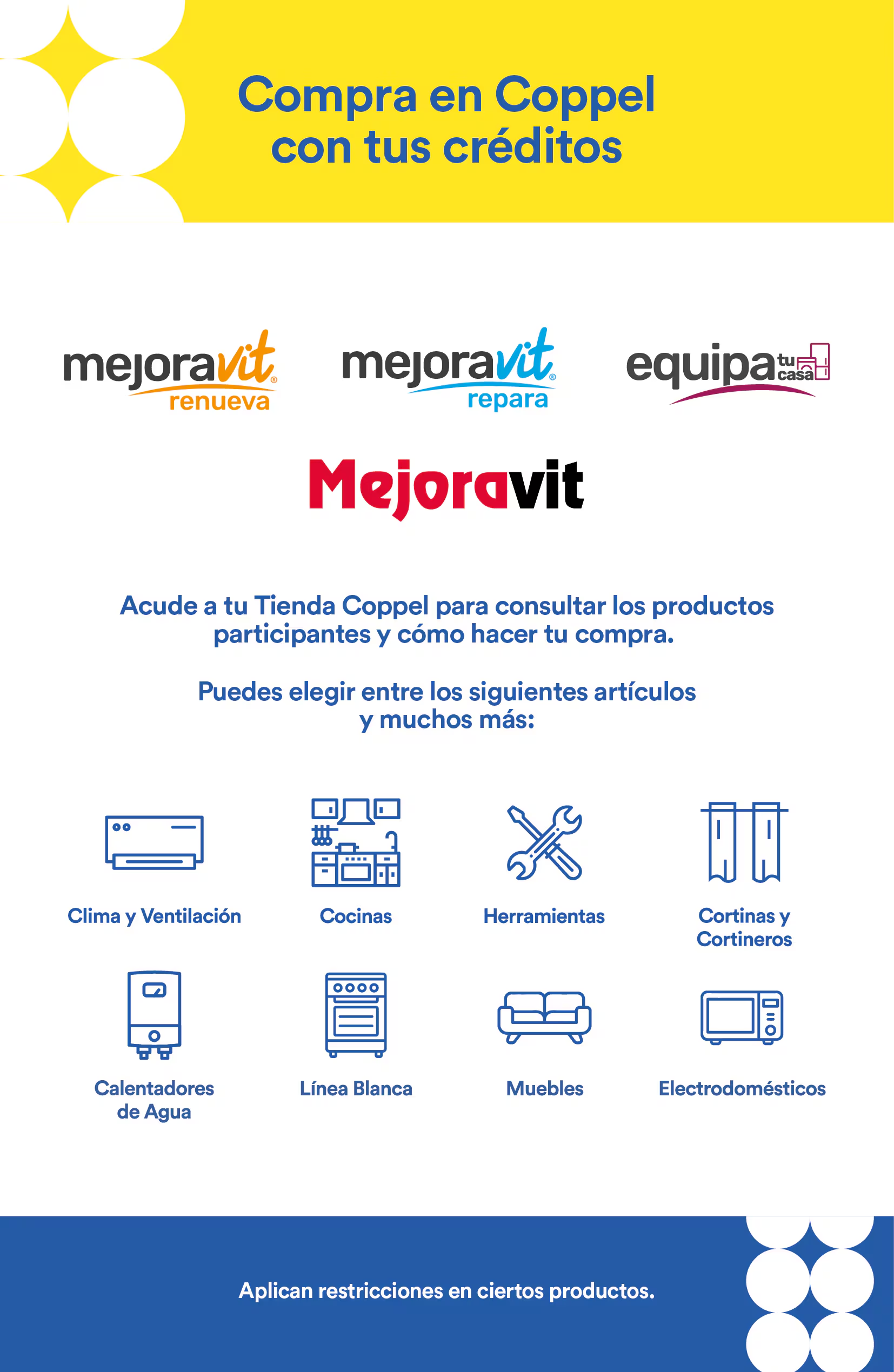 Utiliza tu tarjeta Mejoravit en Coppel y compra todo lo necesario para tus proyectos de remodelación y reparación. Coppel Mejora tu vida.